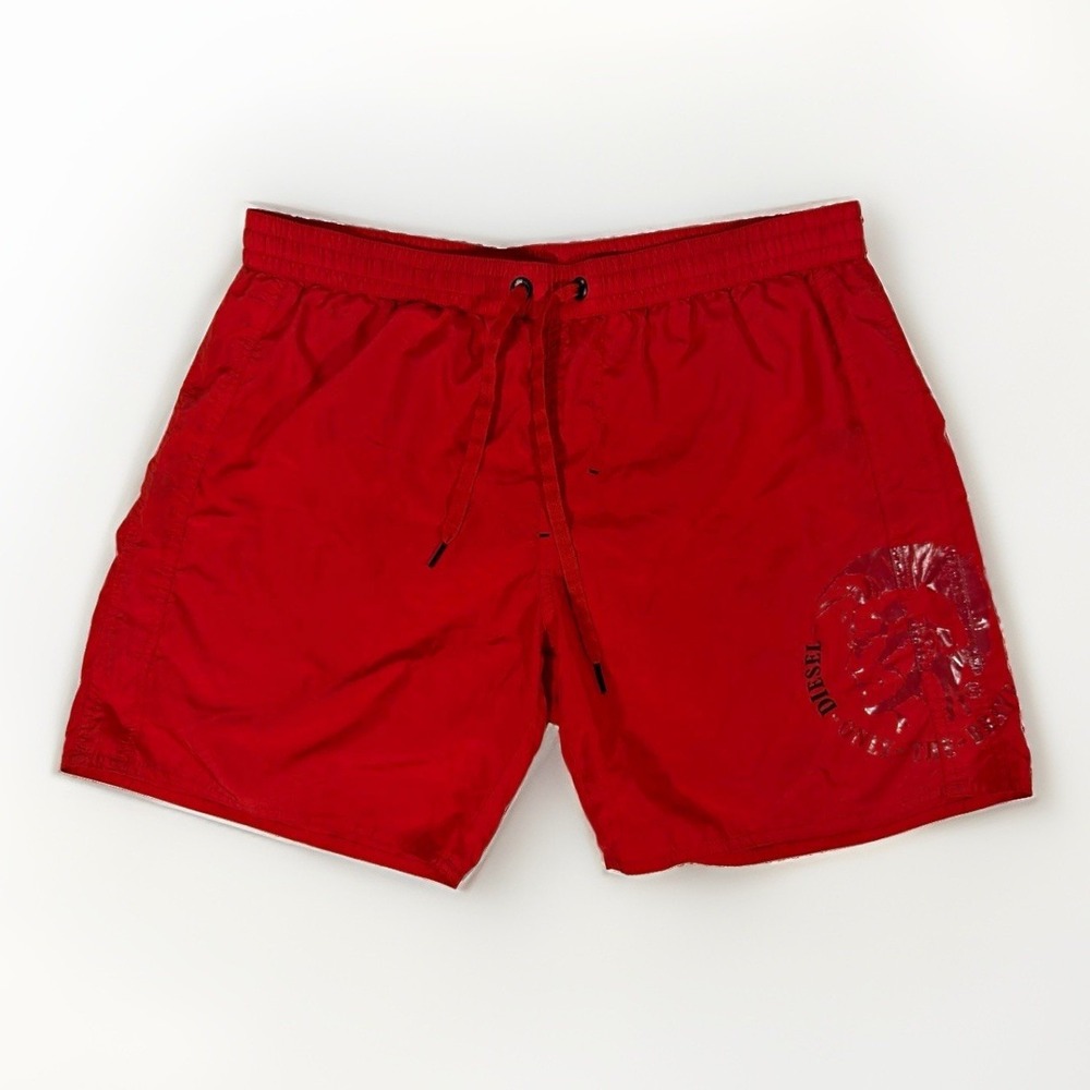 Diesel Men's Red Logo Swim Trunks Size L Drawstring Elastic Waist Pockets